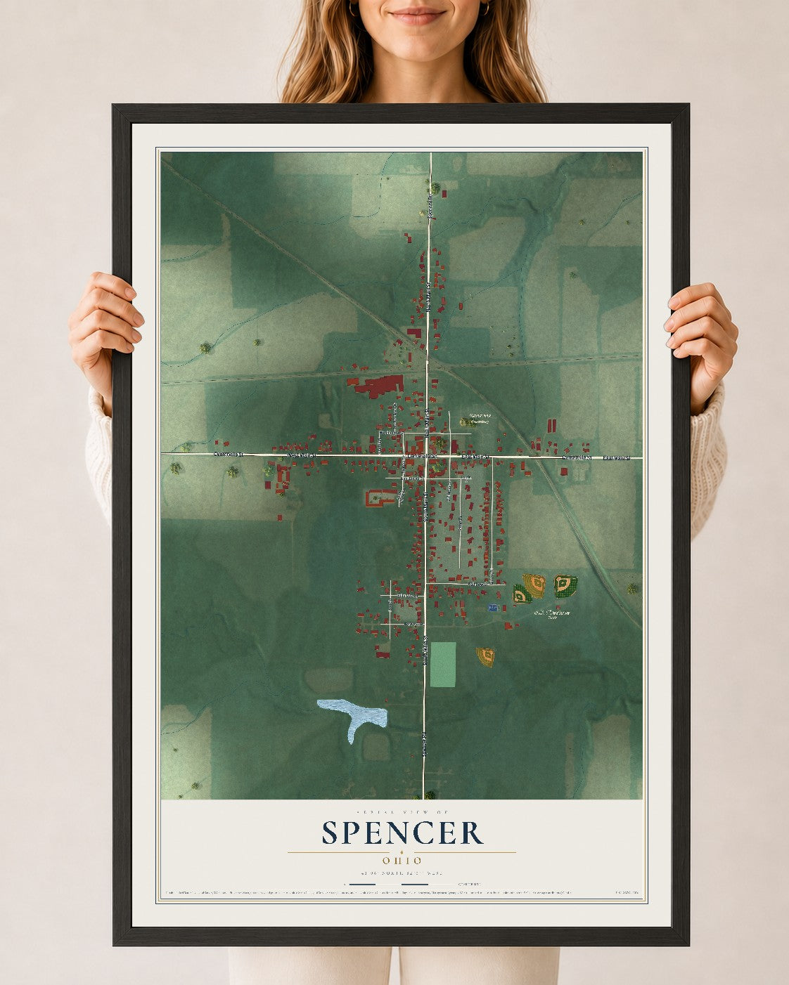 Map of Spencer, Ohio, 24 x 36 inch print in a black wood frame