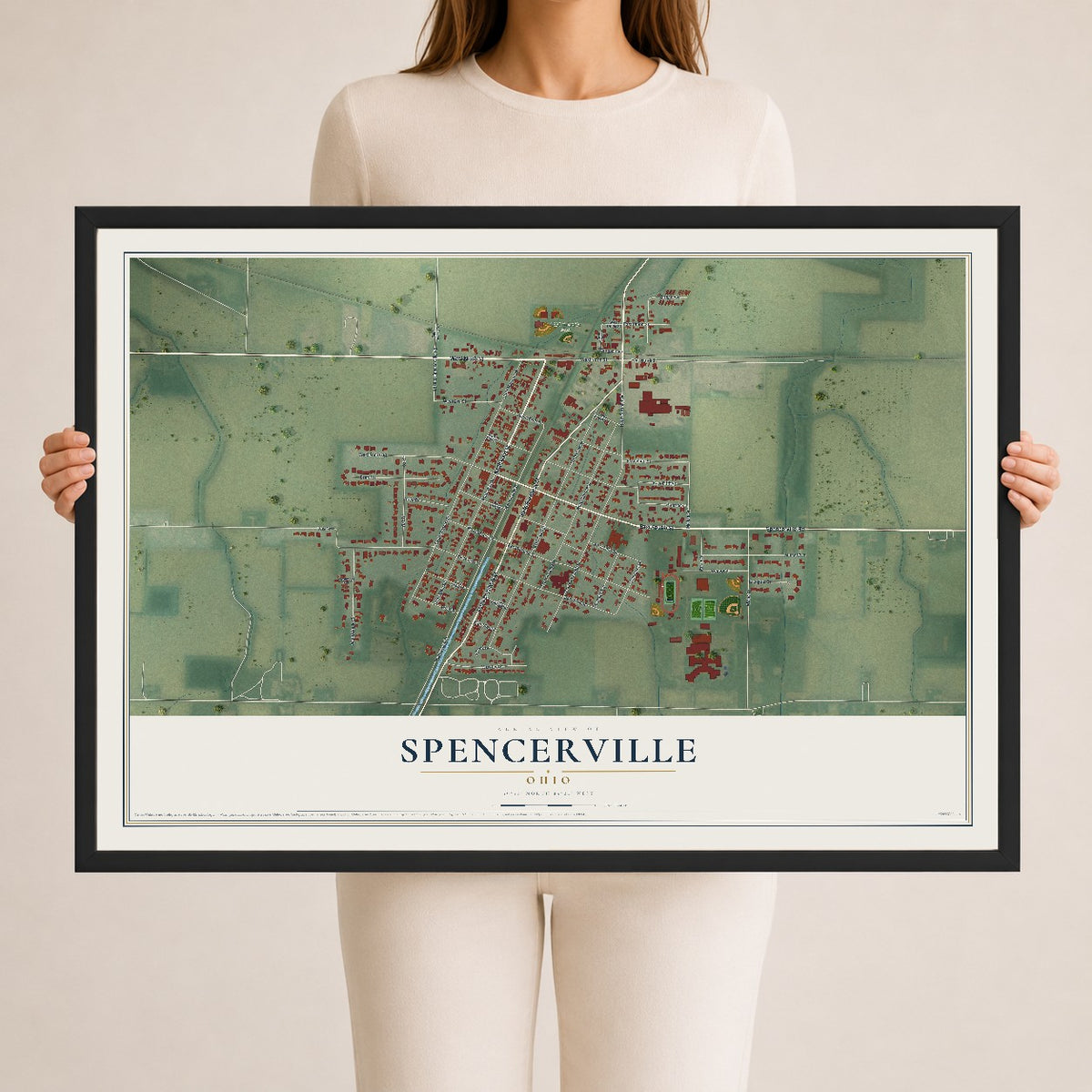 Map of Spencerville, Ohio, 24 x 36 inch print in a black wood frame