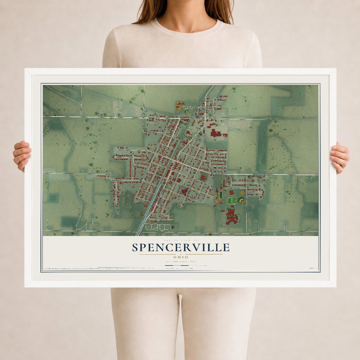 Map of Spencerville, Ohio, 24 x 36 inch print in a white wood frame