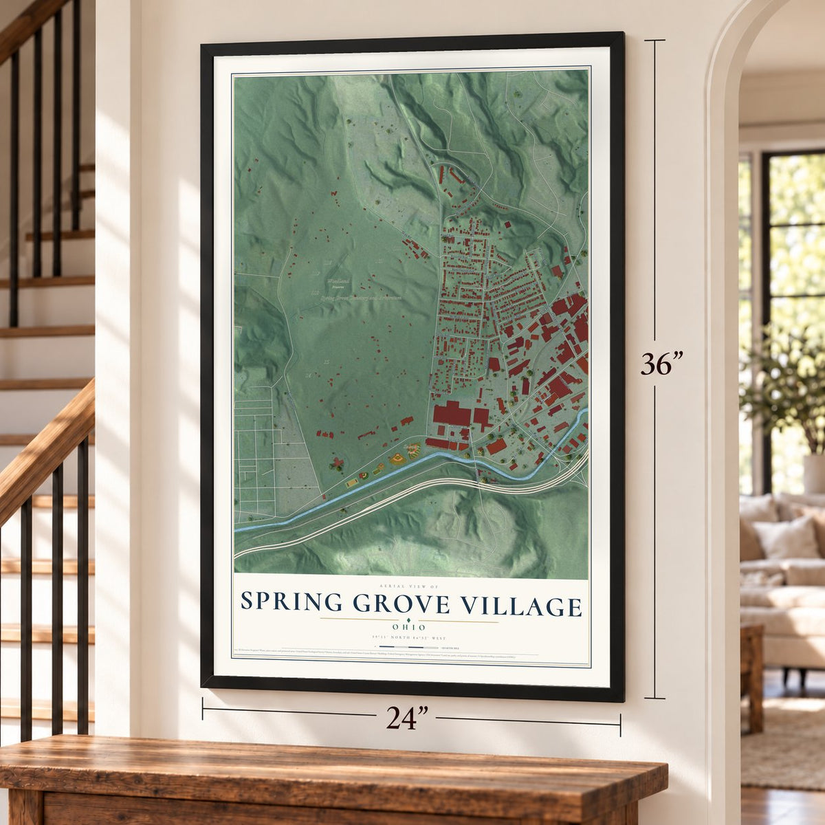 Spring Grove Village, Ohio map, 24 x 36 inch print in a black frame by a staircase