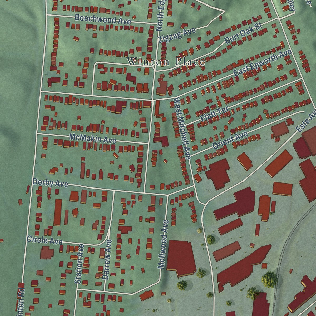 Close-up of the map of Spring Grove Village, Ohio print showing street and building detail