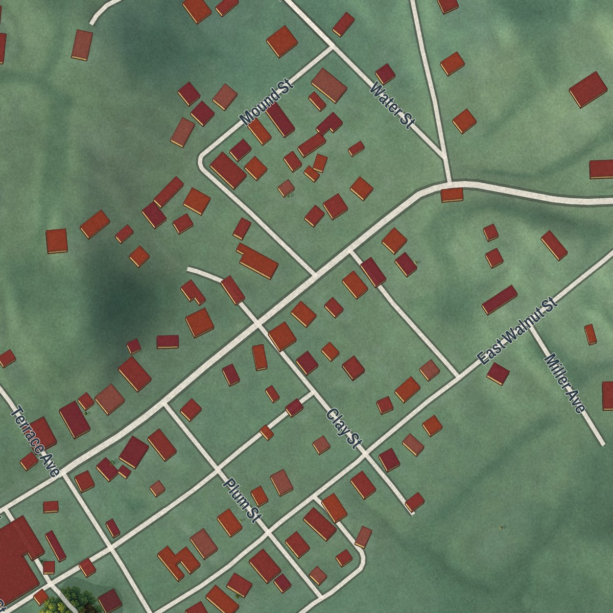 Close-up of the map of Spring Valley, Ohio print showing street and building detail