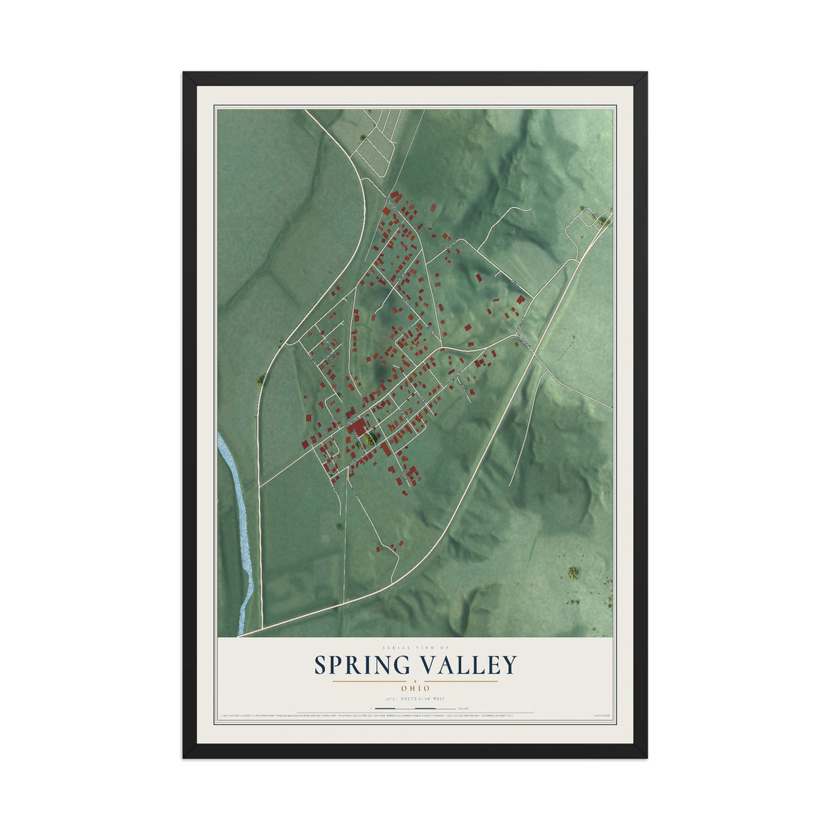 Map of Spring Valley, Ohio, 12 x 18 inch print in a black wood frame
