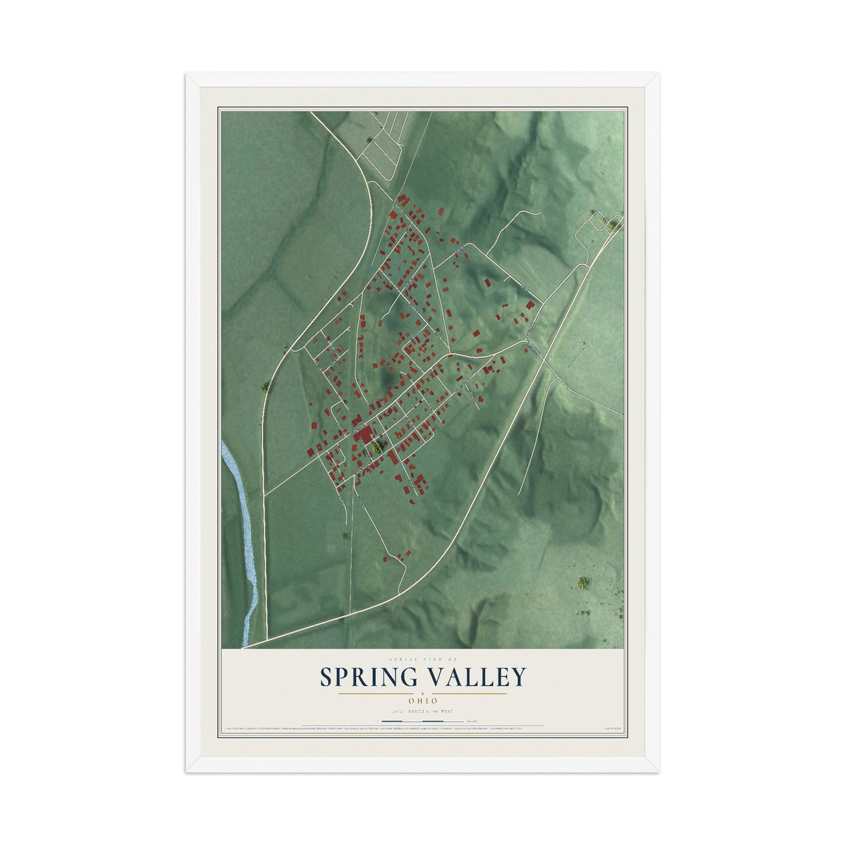 Map of Spring Valley, Ohio, 12 x 18 inch print in a white wood frame