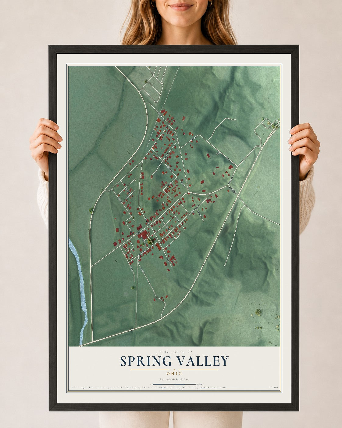 Map of Spring Valley, Ohio, 24 x 36 inch print in a black wood frame
