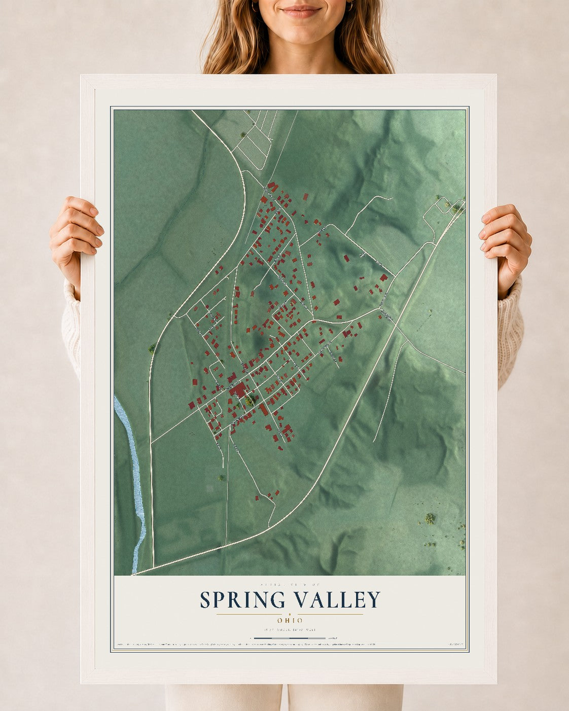 Map of Spring Valley, Ohio, 24 x 36 inch print in a white wood frame
