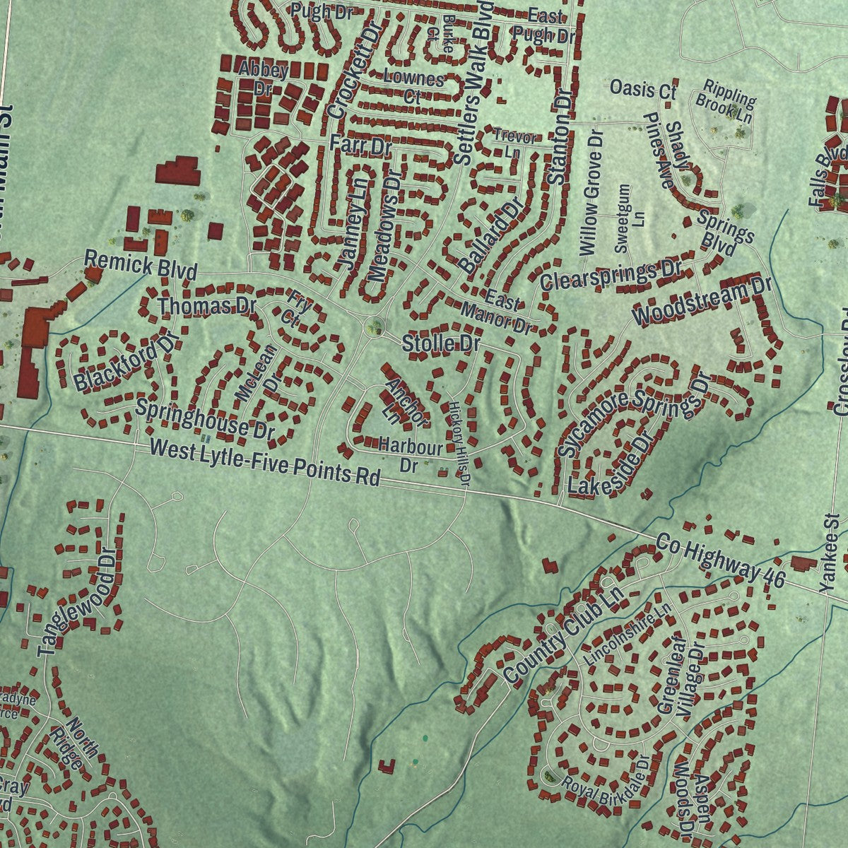 Close-up of the map of Springboro, Ohio print showing street and building detail