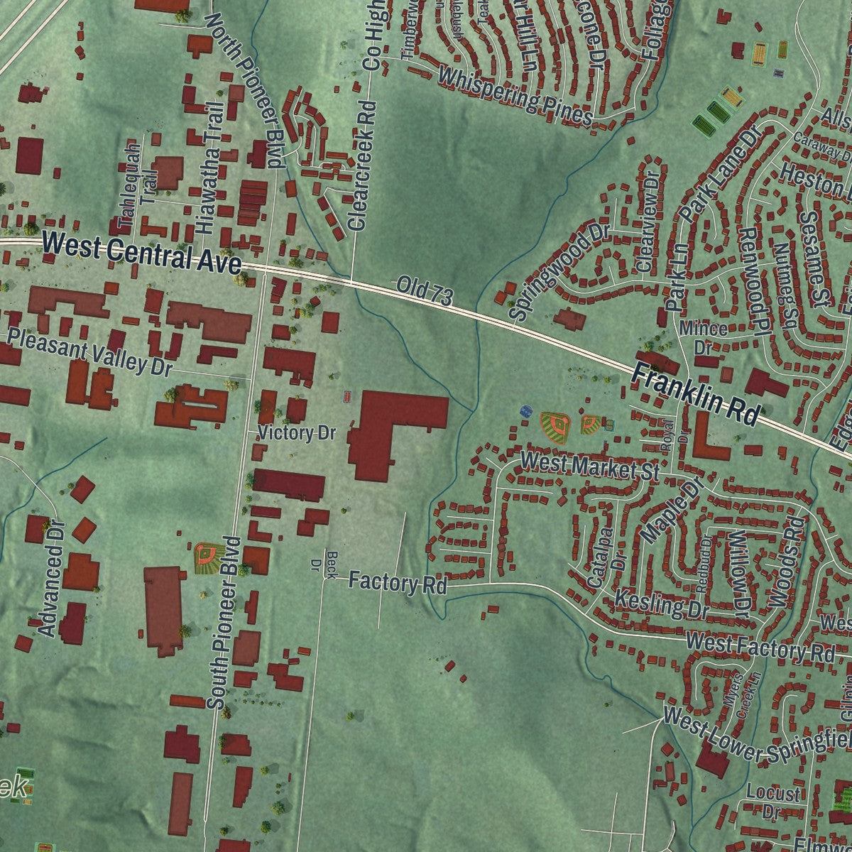 Second close-up of the map of Springboro, Ohio print showing more streets and buildings