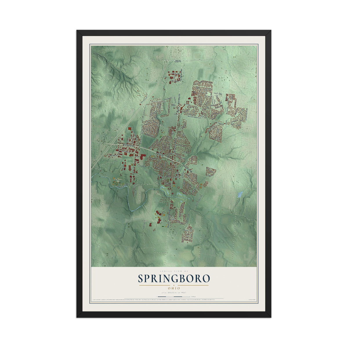 Map of Springboro, Ohio, 12 x 18 inch print in a black wood frame