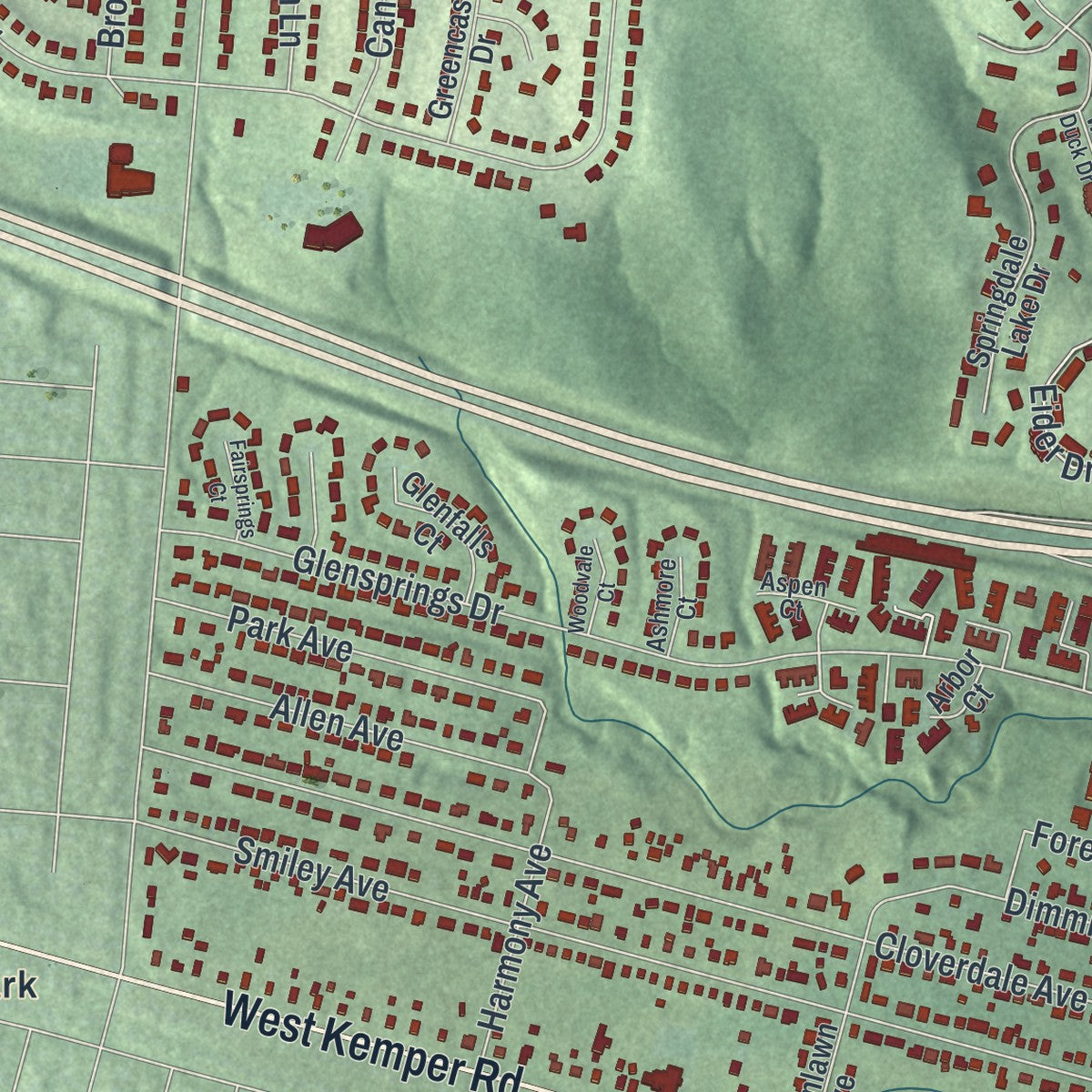 Close-up of the map of Springdale, Ohio print showing street and building detail