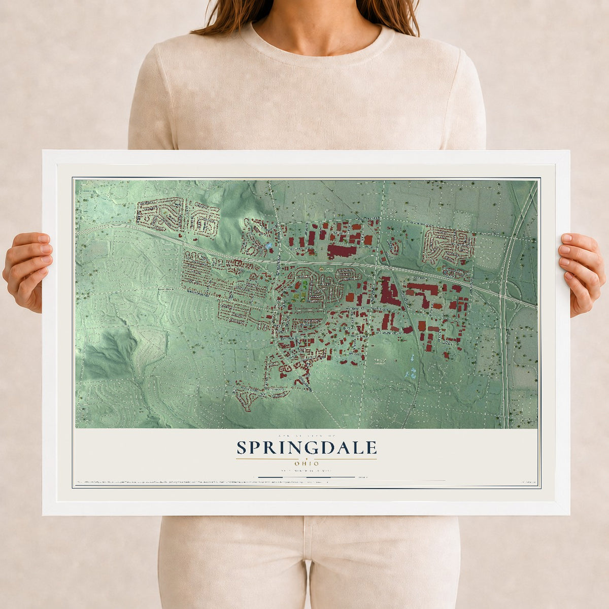 Map of Springdale, Ohio, 12 x 18 inch print in a white wood frame