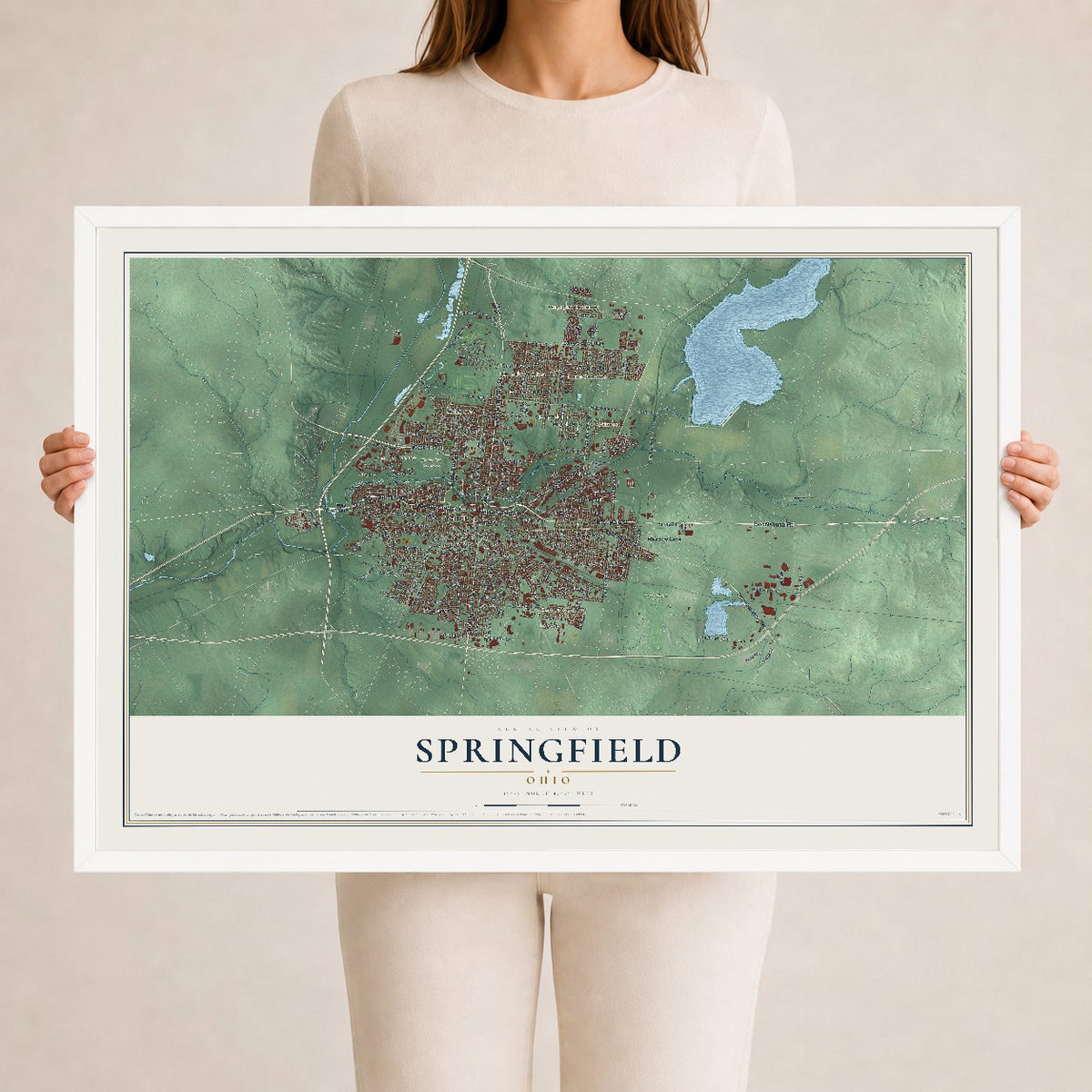 Map of Springfield, Ohio, 24 x 36 inch print in a white wood frame