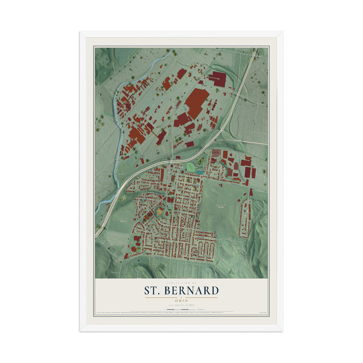 Map of St. Bernard, Ohio, 12 x 18 inch print in a white wood frame