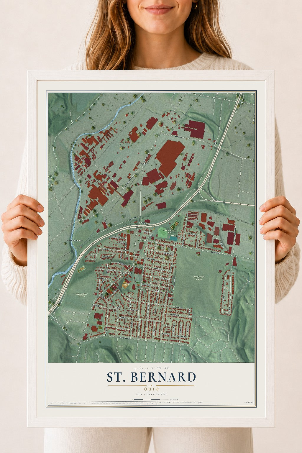 Map of St. Bernard, Ohio, 18 x 24 inch print in a white wood frame