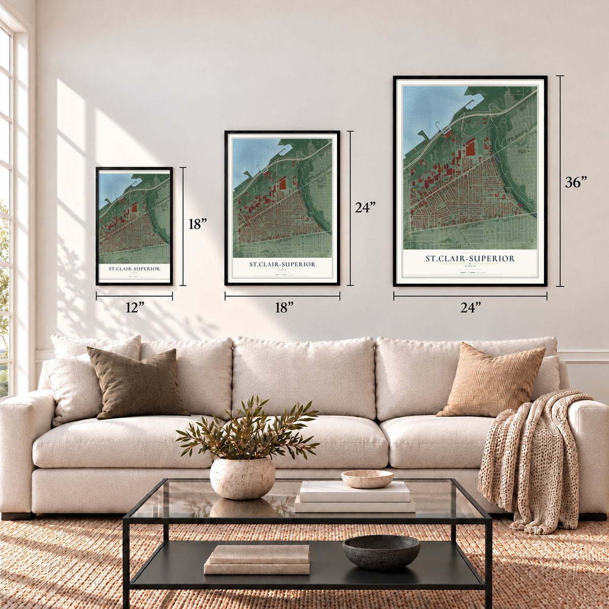 St.Clair-Superior, Ohio map in 12 x 18, 18 x 24 and 24 x 36 inch sizes above a sofa