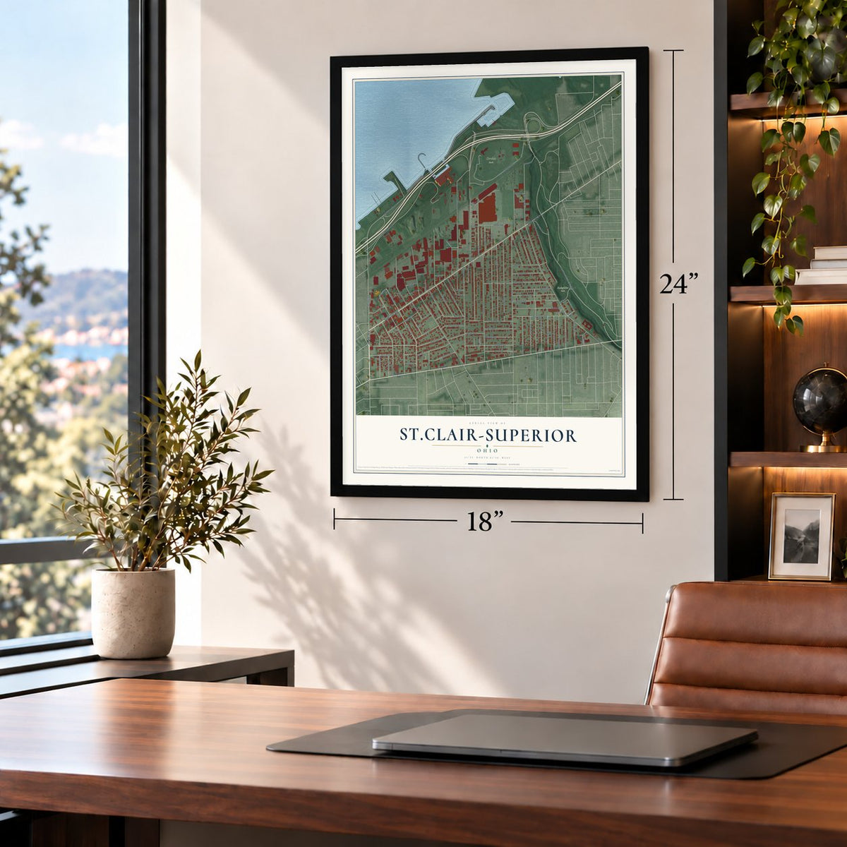 St.Clair-Superior, Ohio map, 18 x 24 inch print in a black frame in a home office