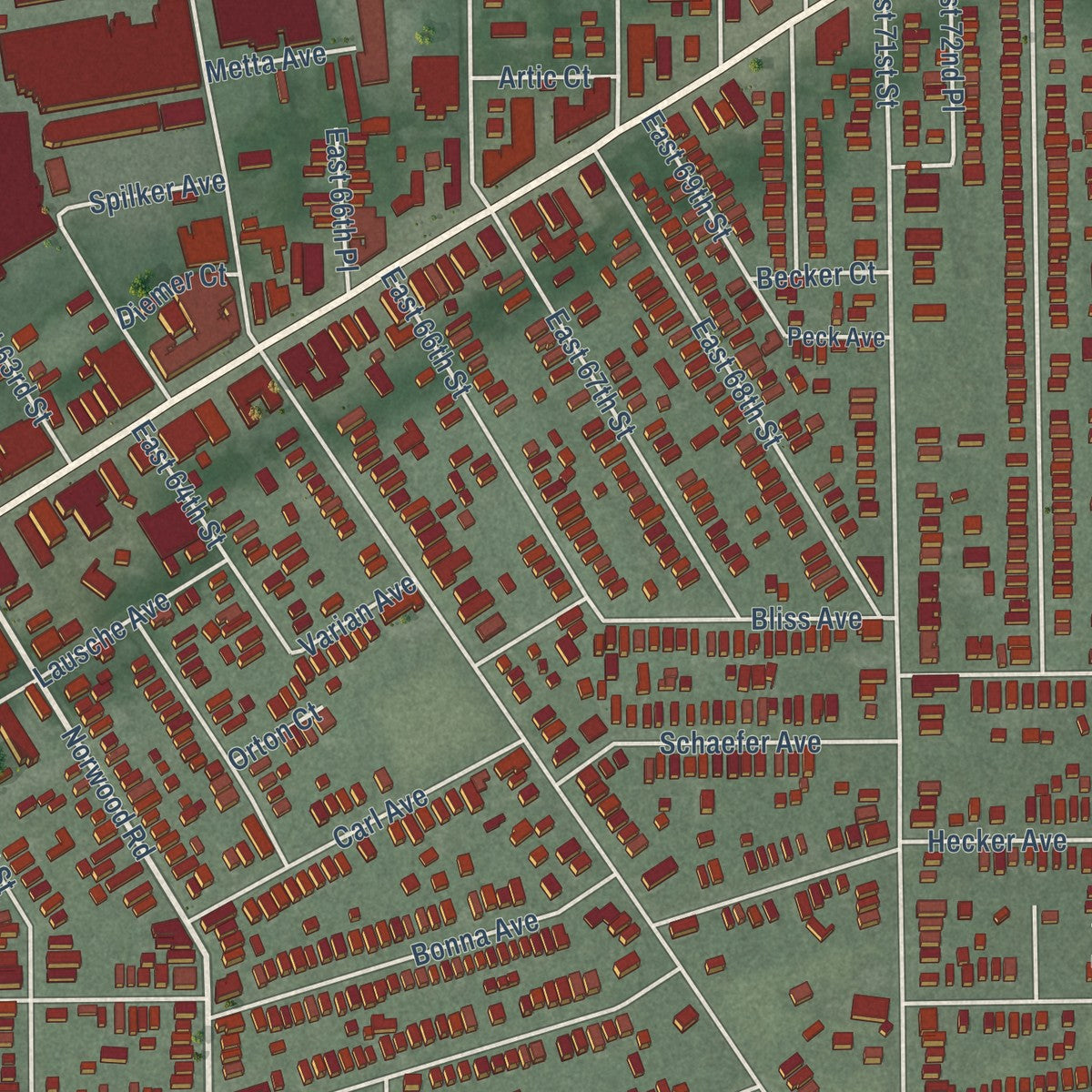 Close-up of the map of St.Clair-Superior, Ohio print showing street and building detail