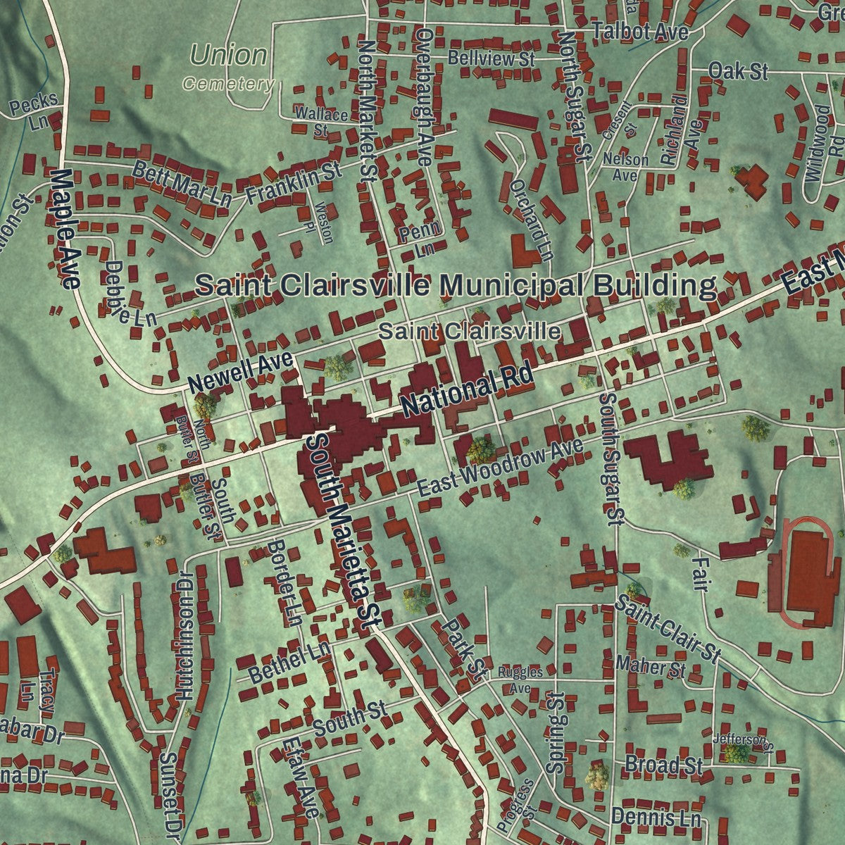 Close-up of the map of St. Clairsville, Ohio print showing street and building detail