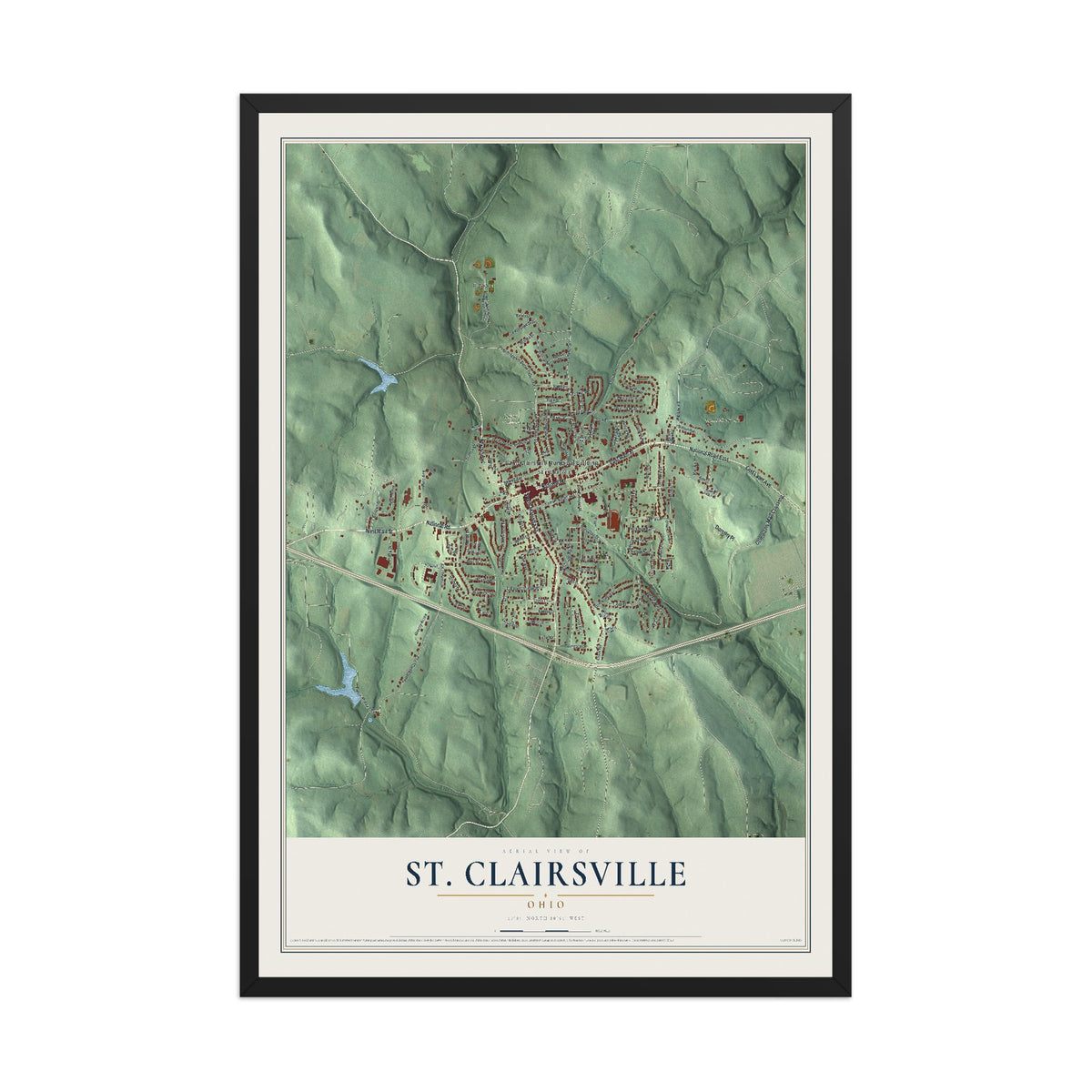 Map of St. Clairsville, Ohio, 12 x 18 inch print in a black wood frame