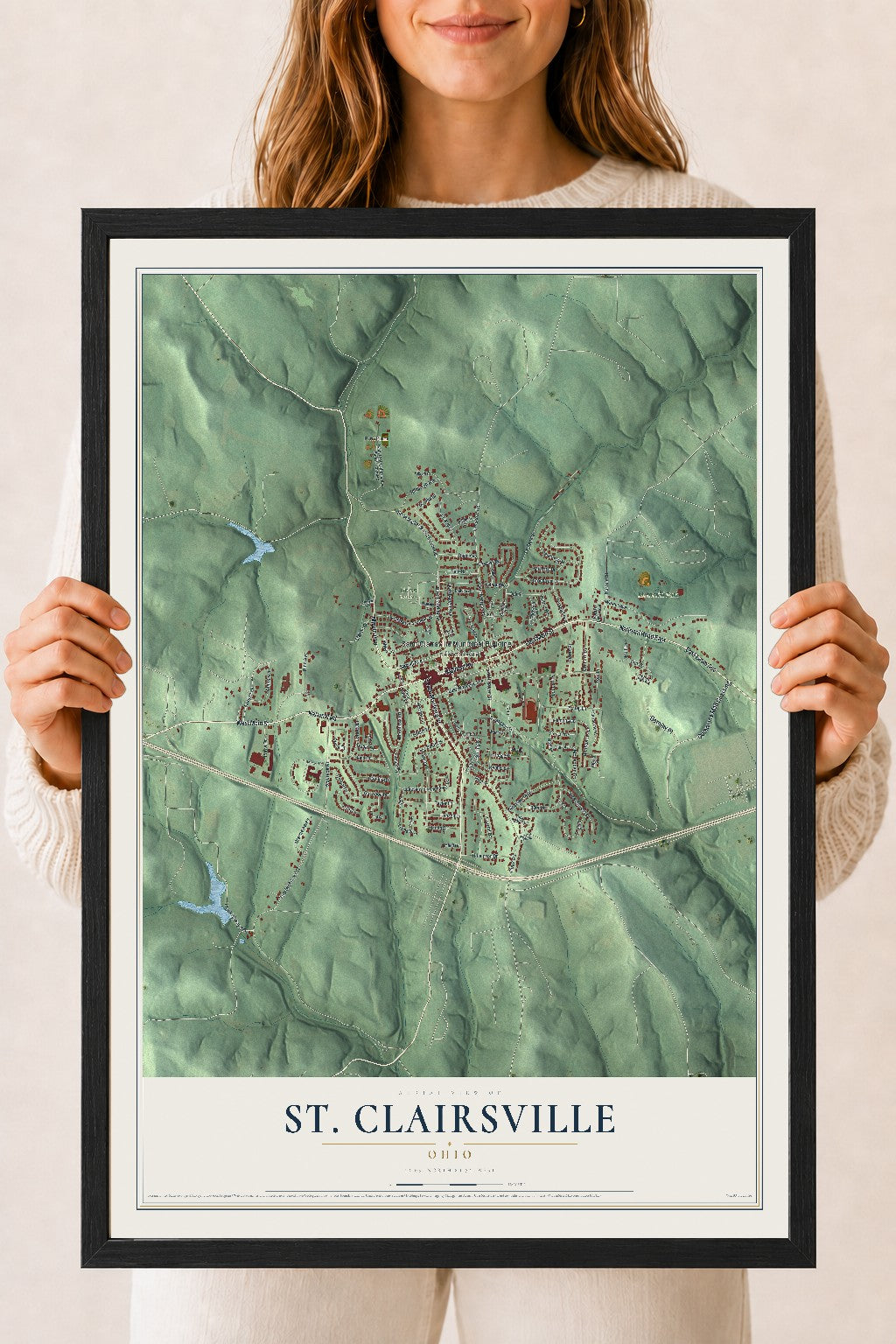 Map of St. Clairsville, Ohio, 18 x 24 inch print in a black wood frame