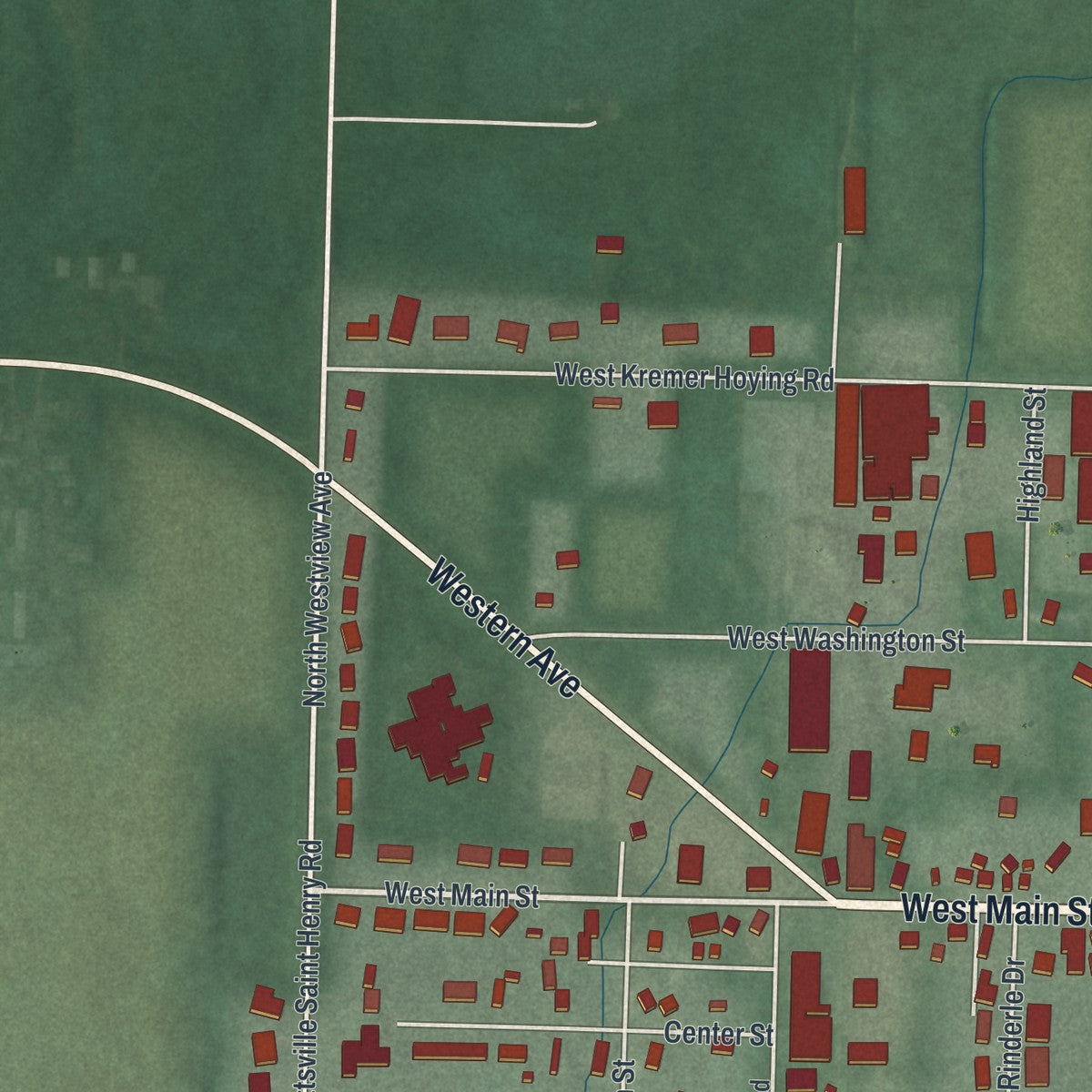 Second close-up of the map of St. Henry, Ohio print showing more streets and buildings