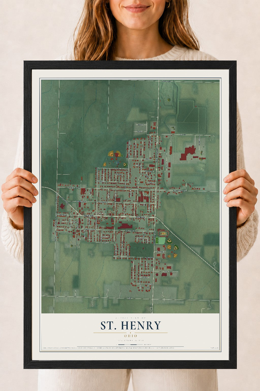 Map of St. Henry, Ohio, 18 x 24 inch print in a black wood frame