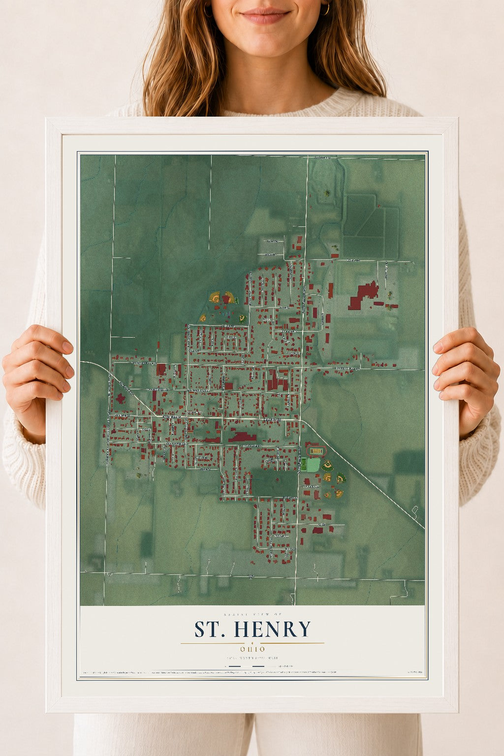 Map of St. Henry, Ohio, 18 x 24 inch print in a white wood frame