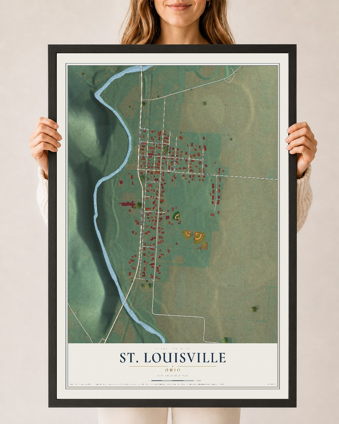 Map of St. Louisville, Ohio, 24 x 36 inch print in a black wood frame