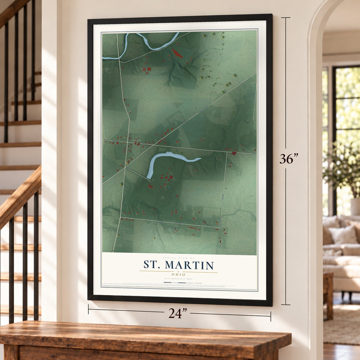 St. Martin, Ohio map, 24 x 36 inch print in a black frame by a staircase