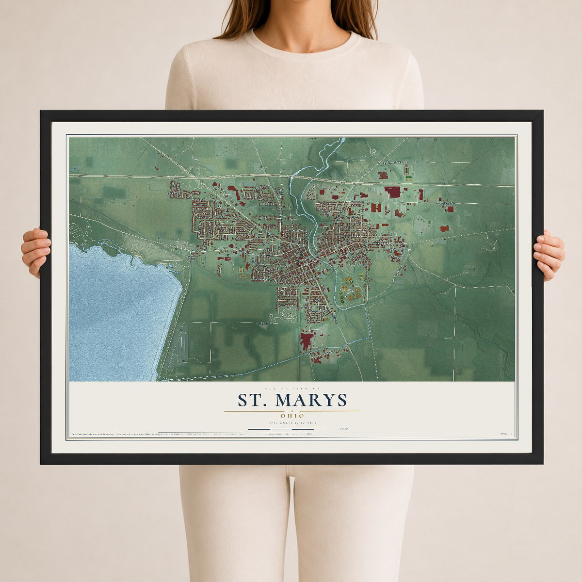 Map of St. Marys, Ohio, 24 x 36 inch print in a black wood frame