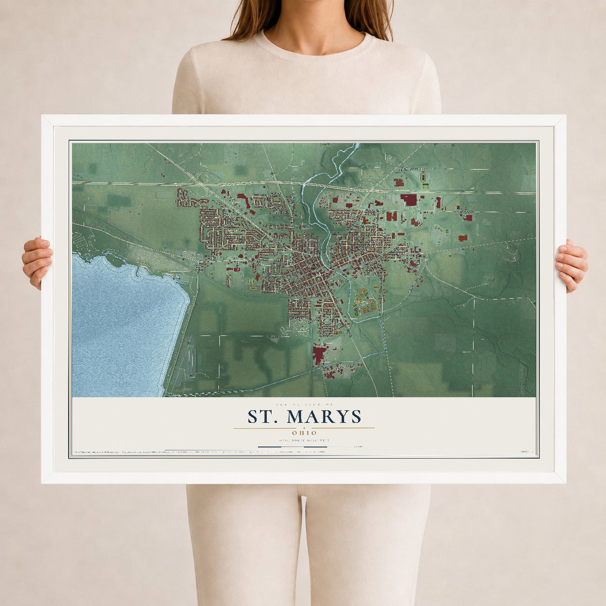 Map of St. Marys, Ohio, 24 x 36 inch print in a white wood frame