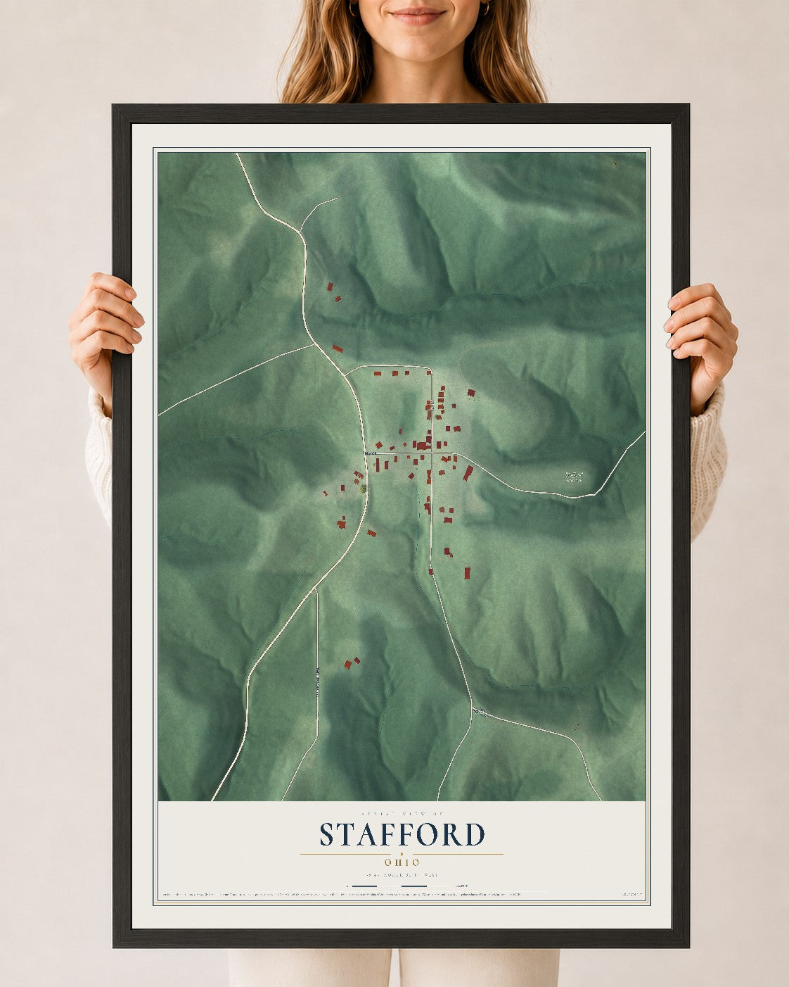 Map of Stafford, Ohio, 24 x 36 inch print in a black wood frame