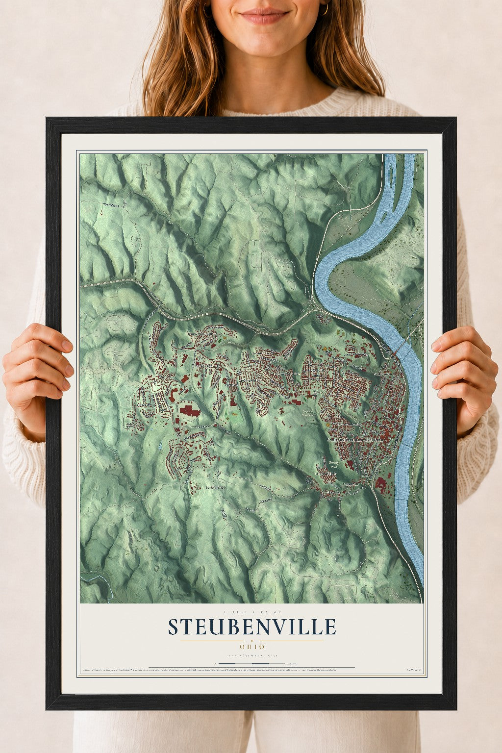Map of Steubenville, Ohio, 18 x 24 inch print in a black wood frame