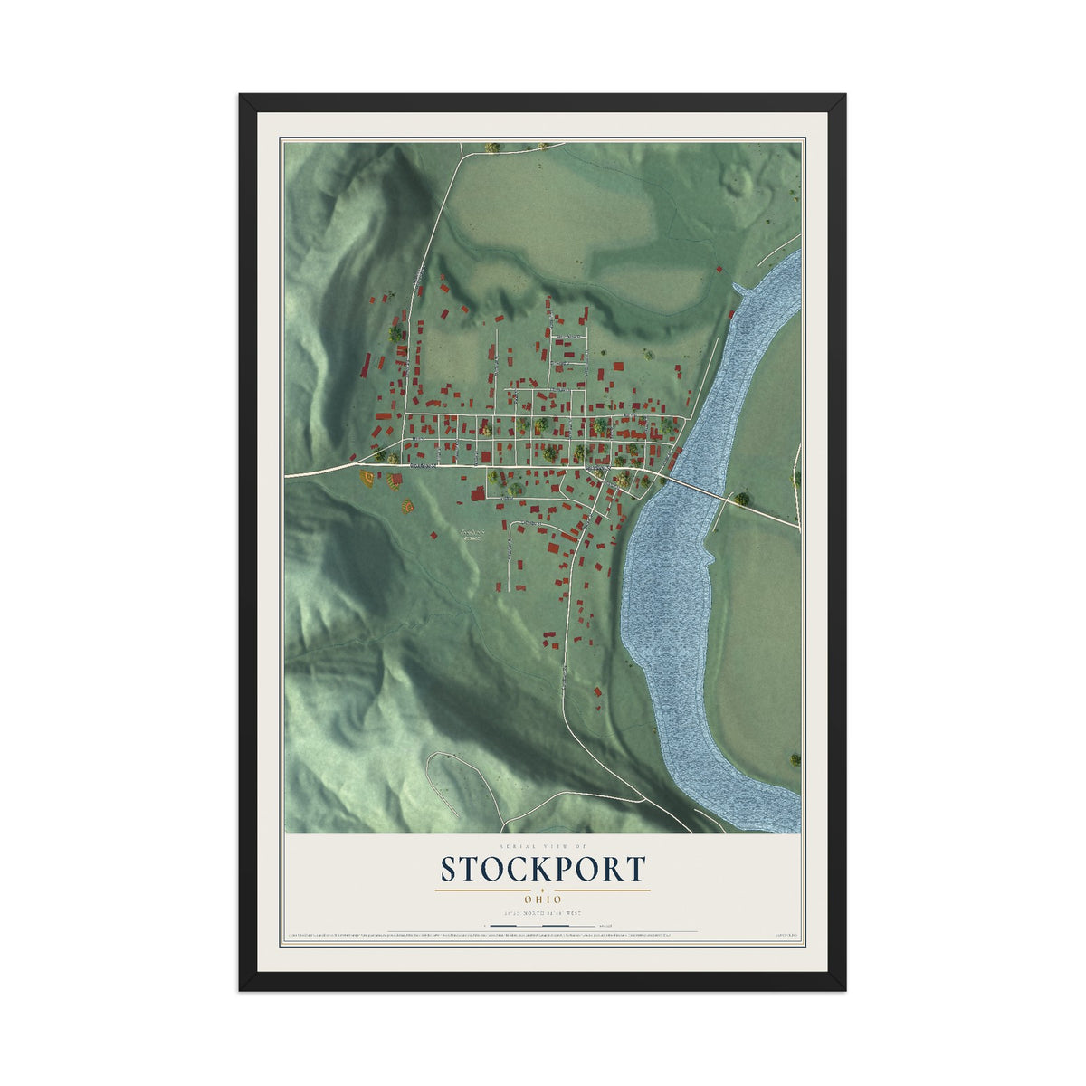 Map of Stockport, Ohio, 12 x 18 inch print in a black wood frame