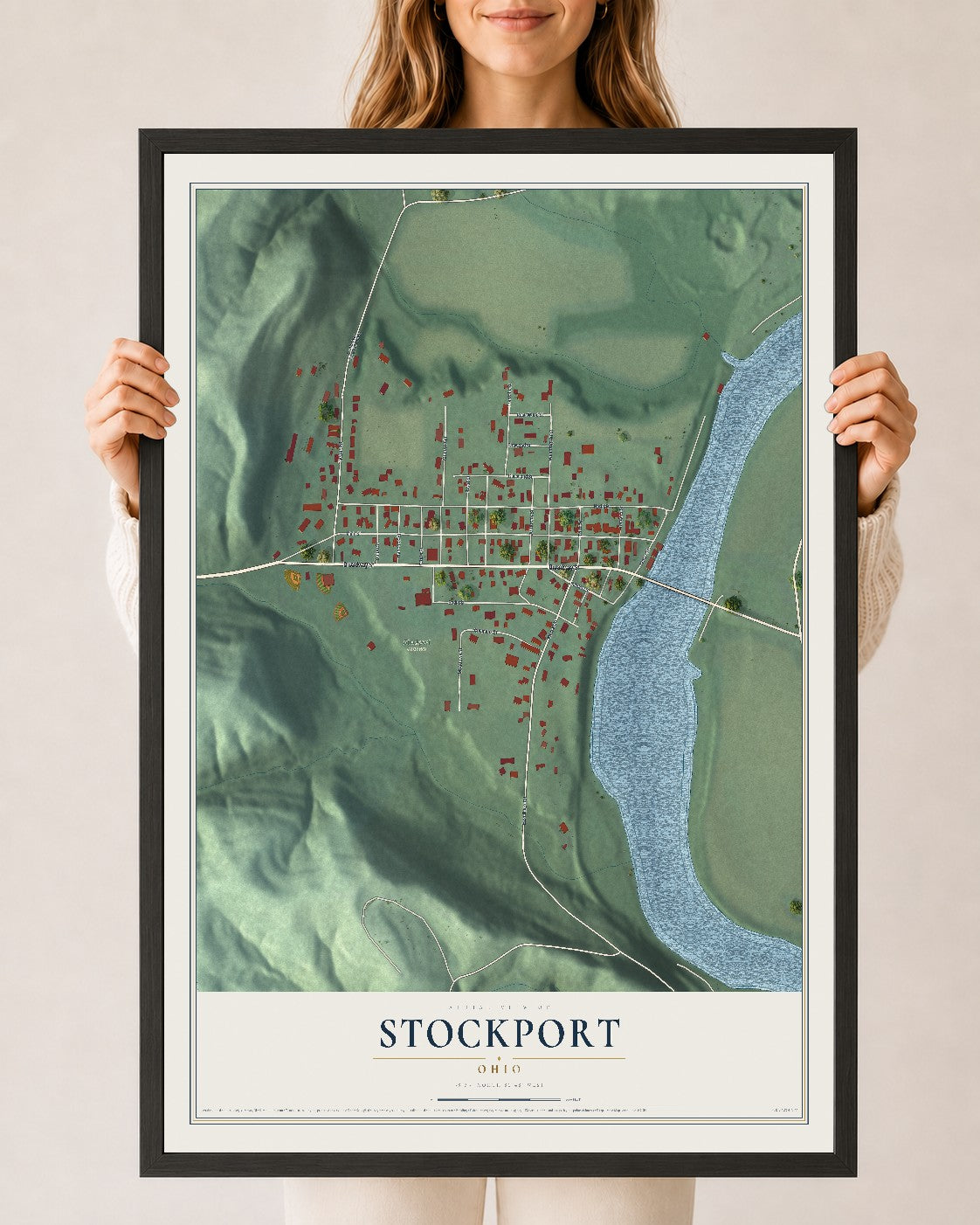 Map of Stockport, Ohio, 24 x 36 inch print in a black wood frame