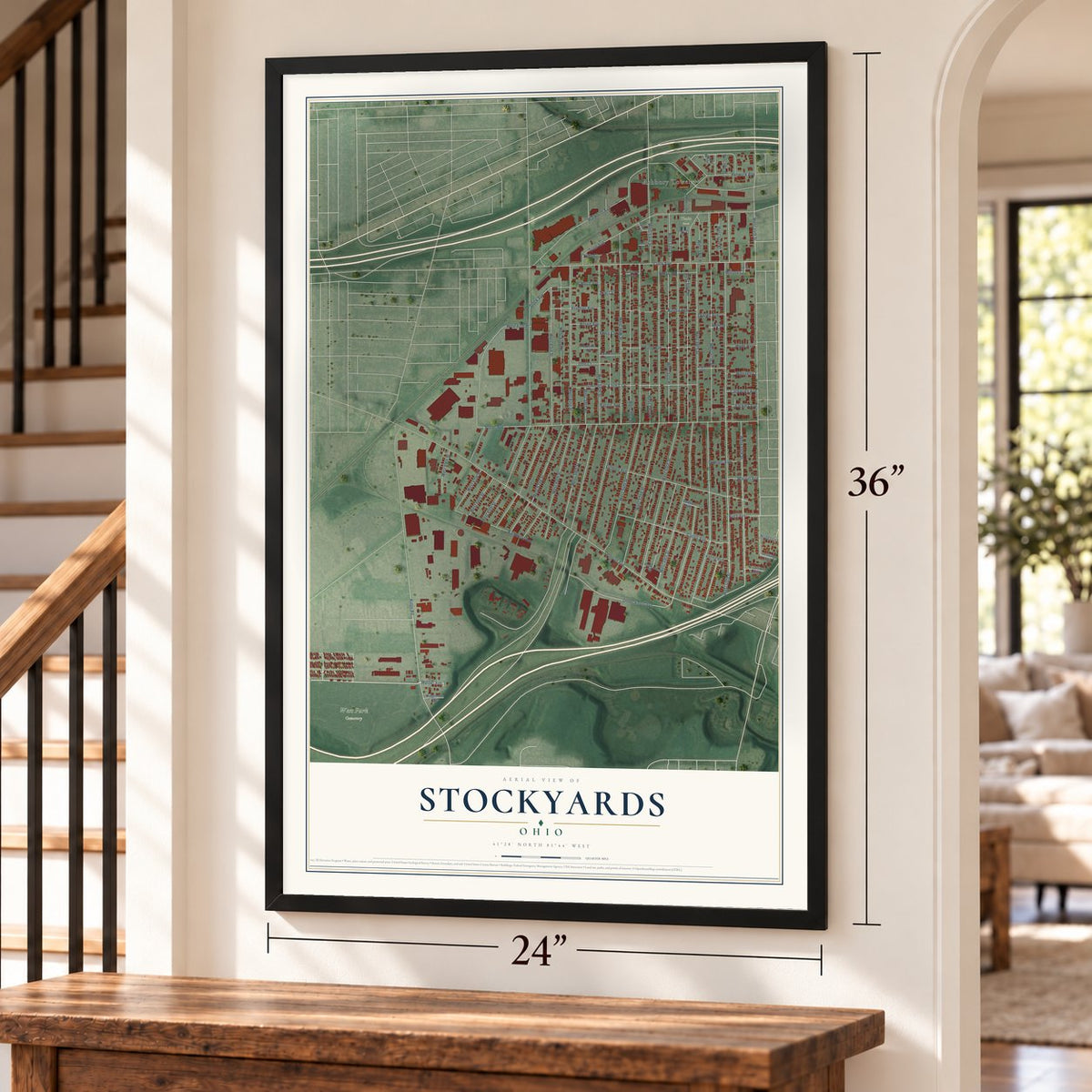 Stockyards, Ohio map, 24 x 36 inch print in a black frame by a staircase