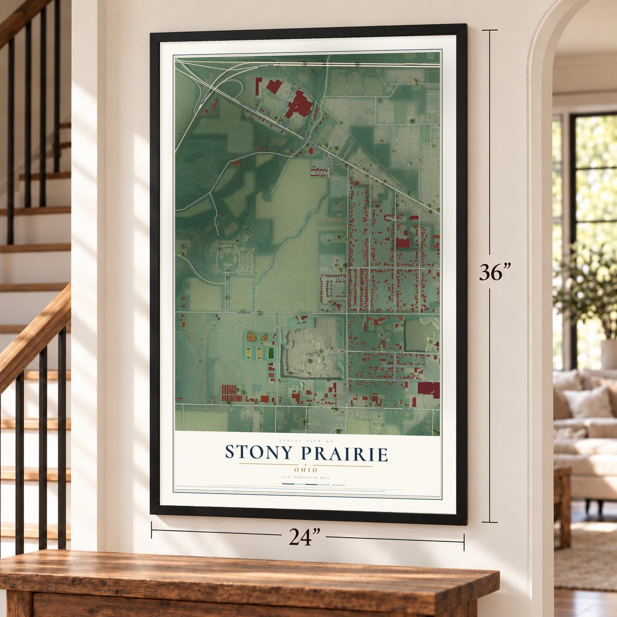 Stony Prairie, Ohio map, 24 x 36 inch print in a black frame by a staircase