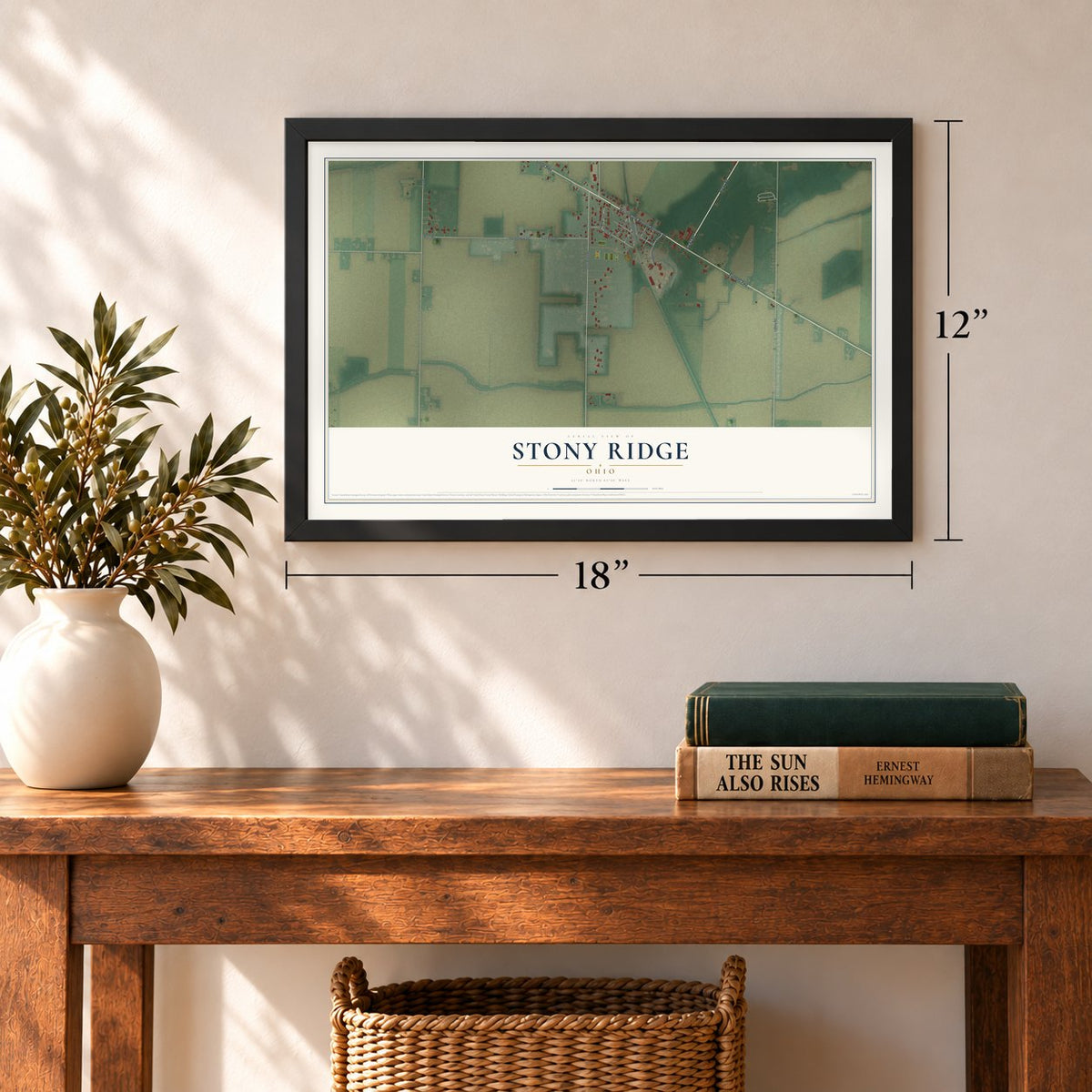 Stony Ridge, Ohio map, 12 x 18 inch print in a black frame in an entryway