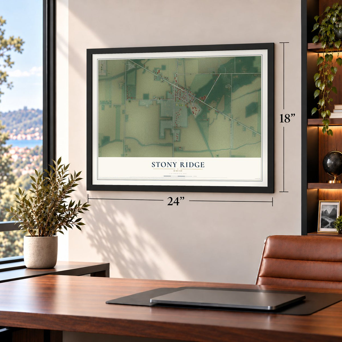 Stony Ridge, Ohio map, 18 x 24 inch print in a black frame in a home office