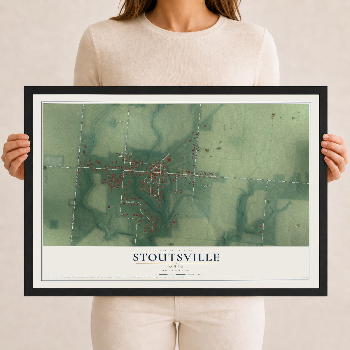 Map of Stoutsville, Ohio, 12 x 18 inch print in a black wood frame
