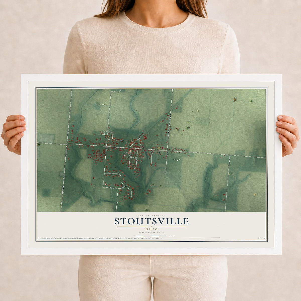 Map of Stoutsville, Ohio, 12 x 18 inch print in a white wood frame