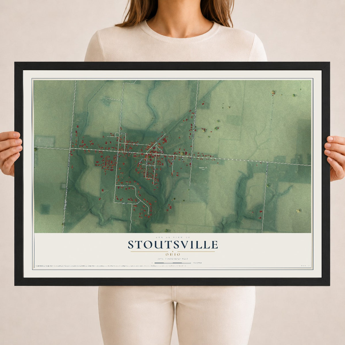 Map of Stoutsville, Ohio, 18 x 24 inch print in a black wood frame