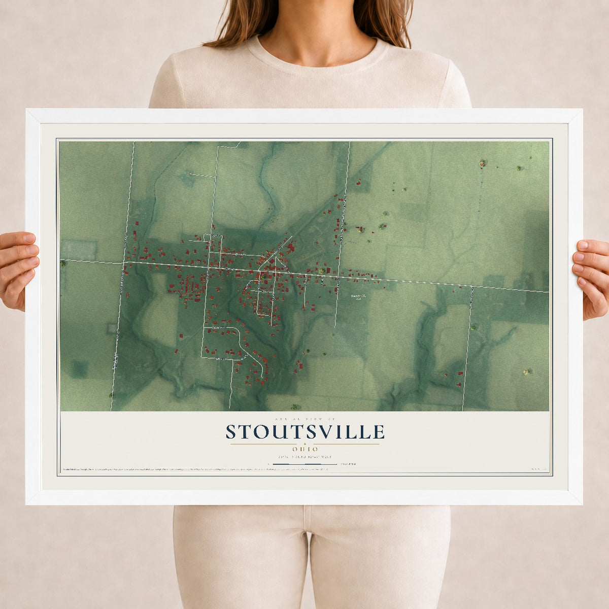 Map of Stoutsville, Ohio, 18 x 24 inch print in a white wood frame