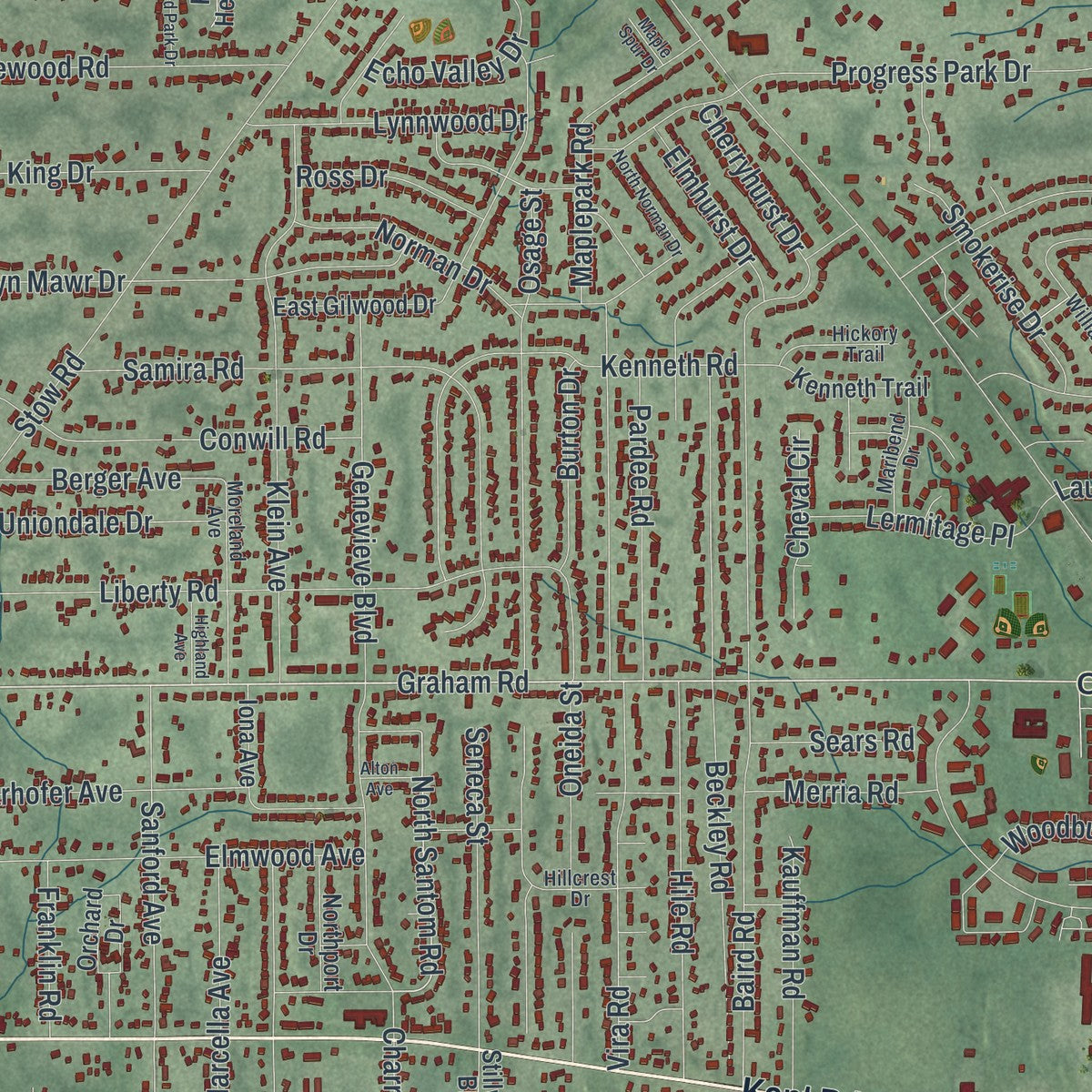 Close-up of the map of Stow, Ohio print showing street and building detail