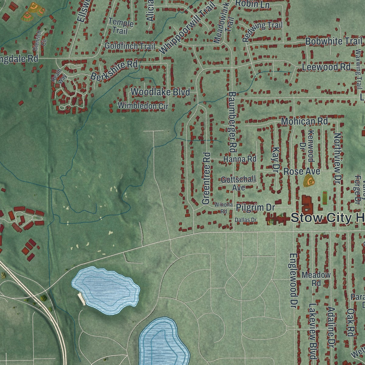 Second close-up of the map of Stow, Ohio print showing more streets and buildings