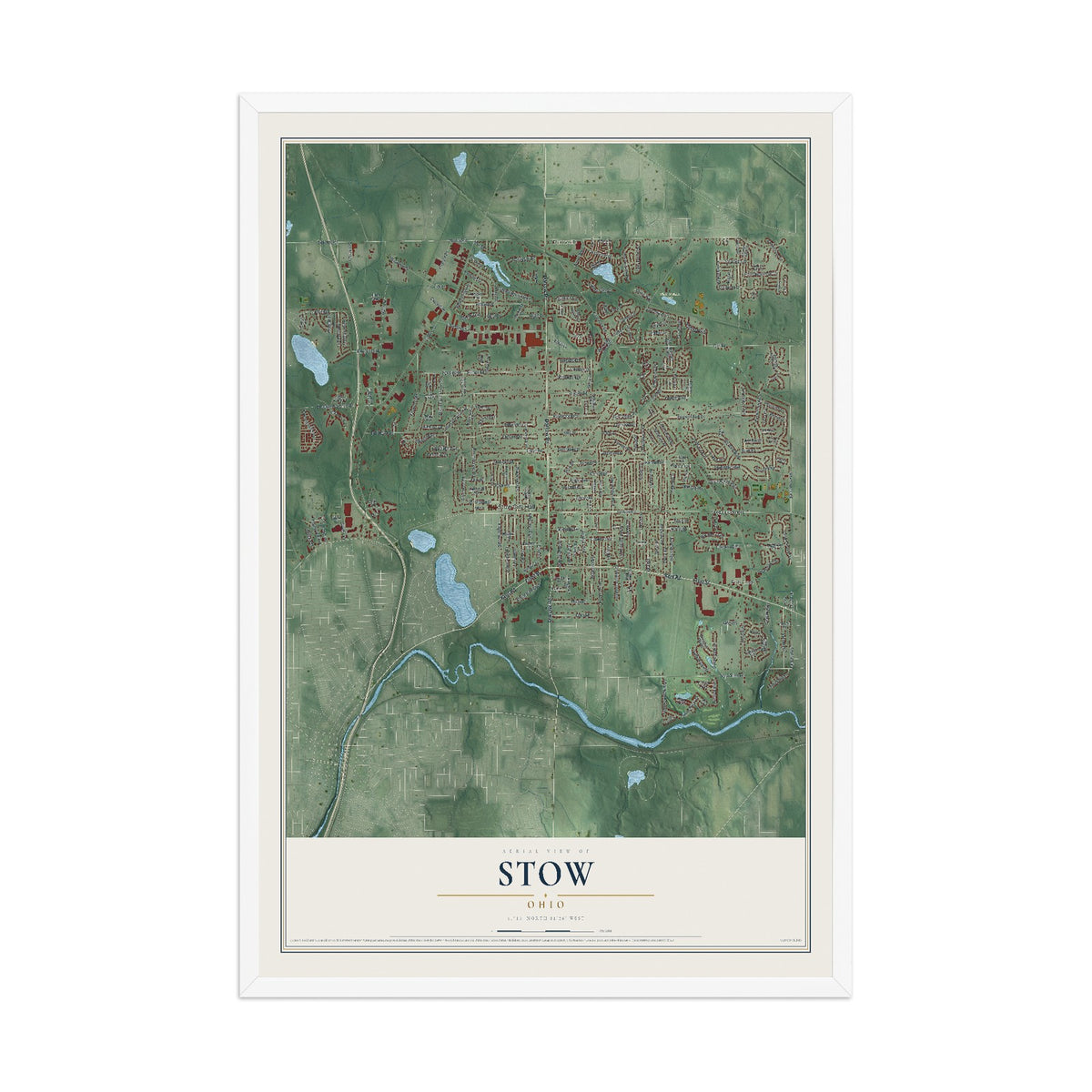 Map of Stow, Ohio, 12 x 18 inch print in a white wood frame