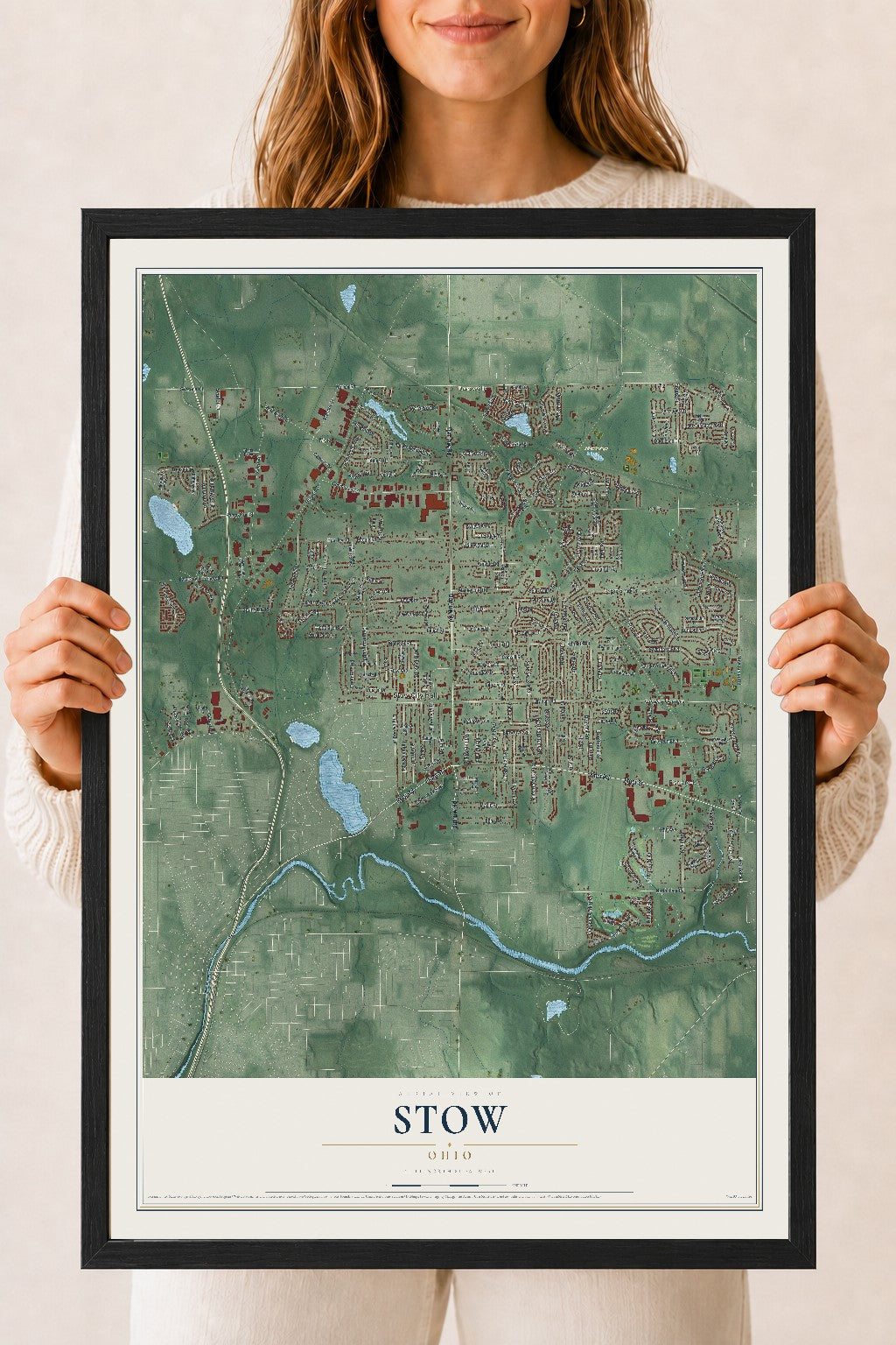 Map of Stow, Ohio, 18 x 24 inch print in a black wood frame