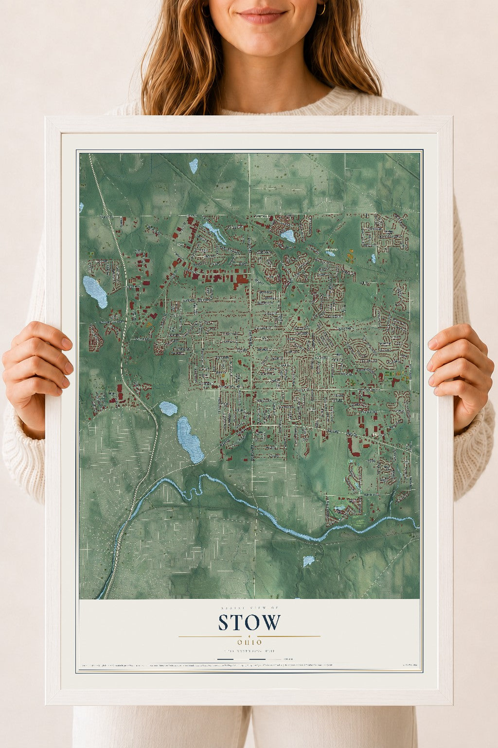 Map of Stow, Ohio, 18 x 24 inch print in a white wood frame