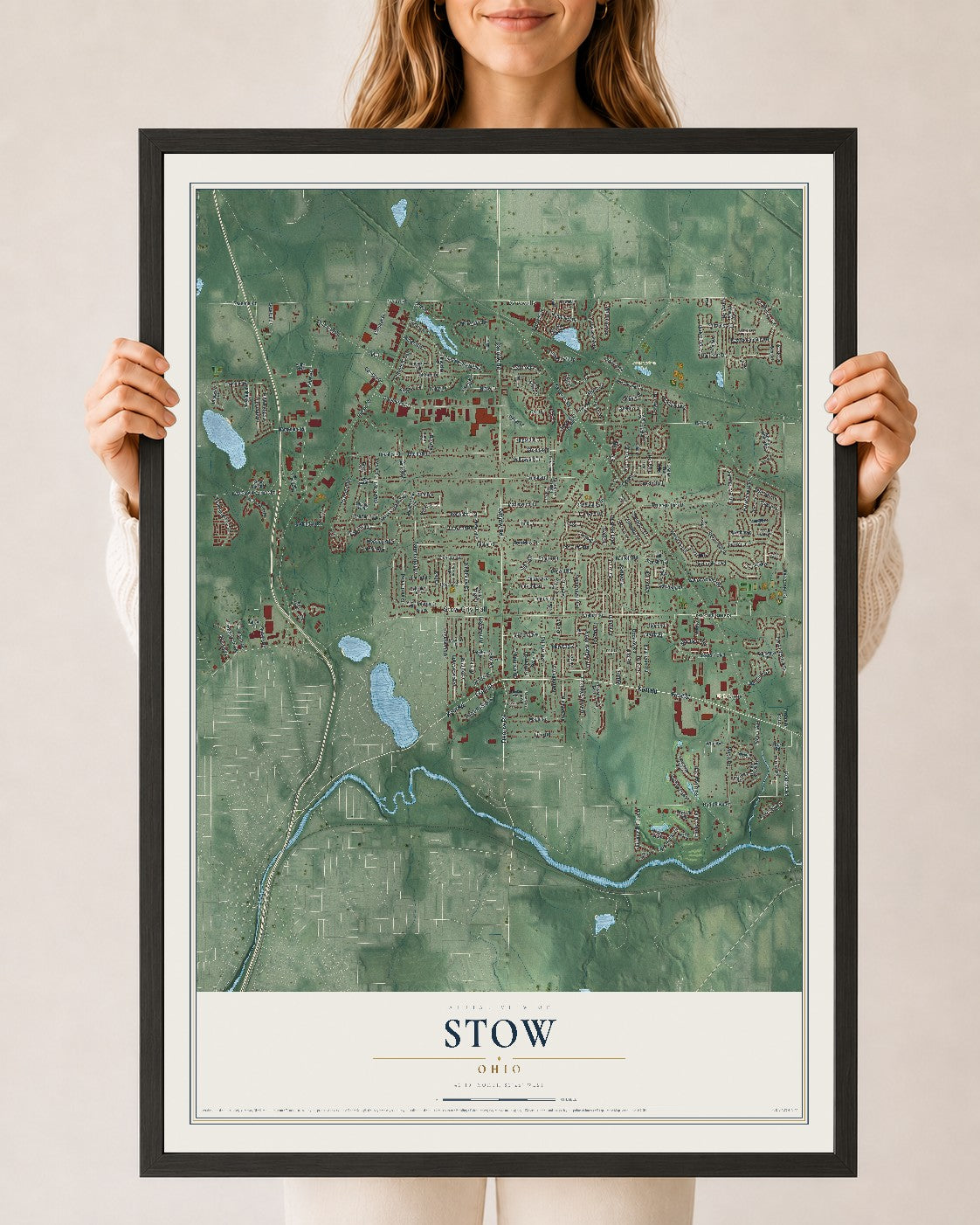 Map of Stow, Ohio, 24 x 36 inch print in a black wood frame