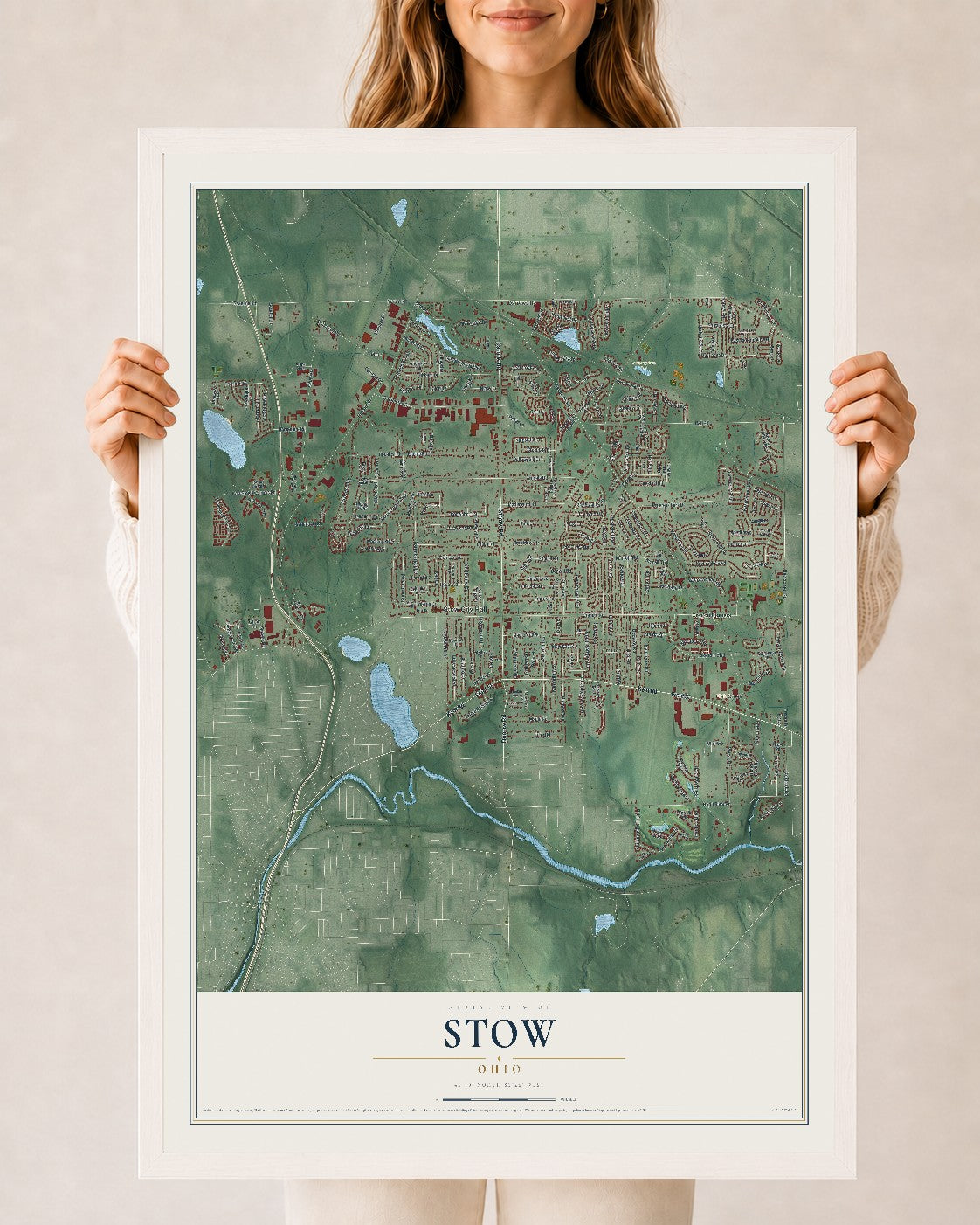 Map of Stow, Ohio, 24 x 36 inch print in a white wood frame